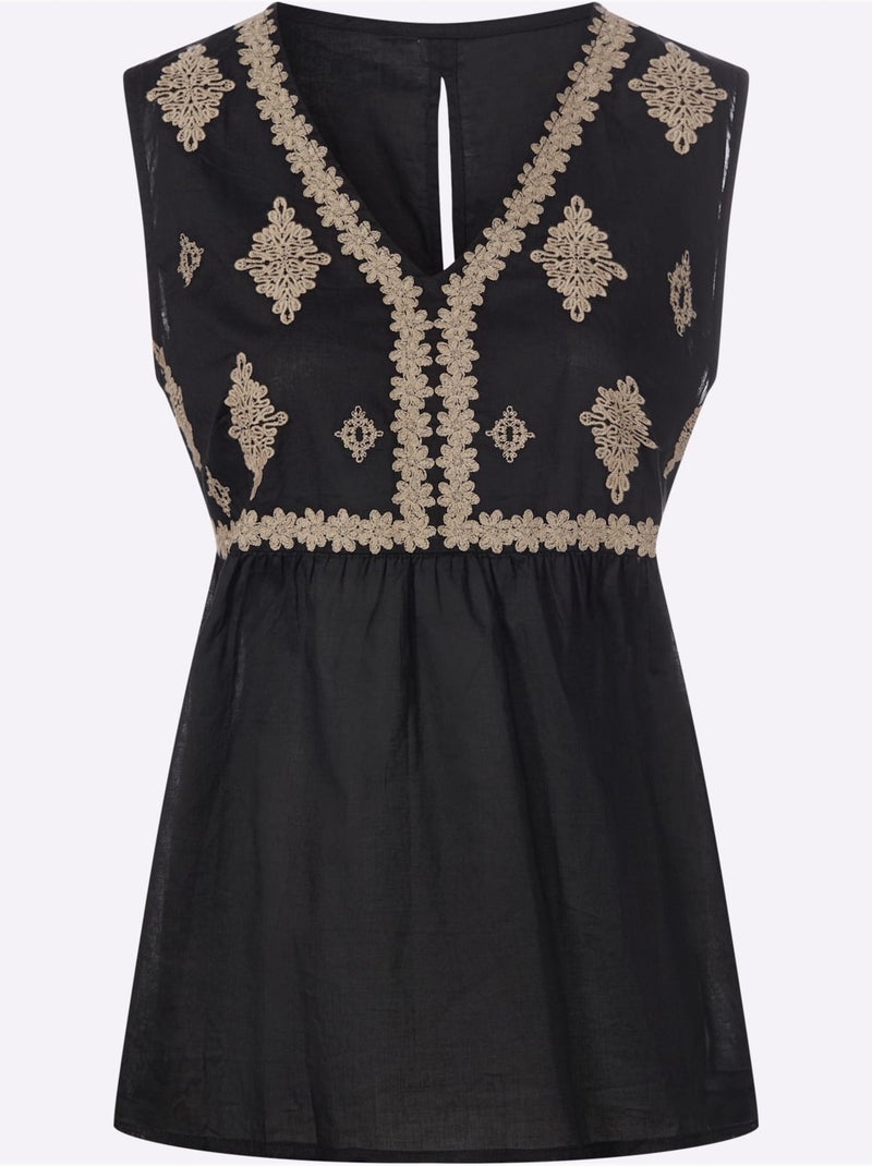Chemisier Sans Manches Magnifique Broderie - Taille Standard - Helline Noir Beige - Kiabi