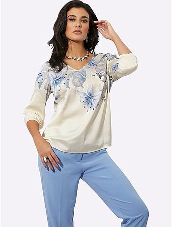 Chemisier satin à col V et manches trois quarts motif floral - Taille standard - Helline