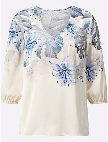 Chemisier satin à col V et manches trois quarts motif floral - Taille standard - Helline