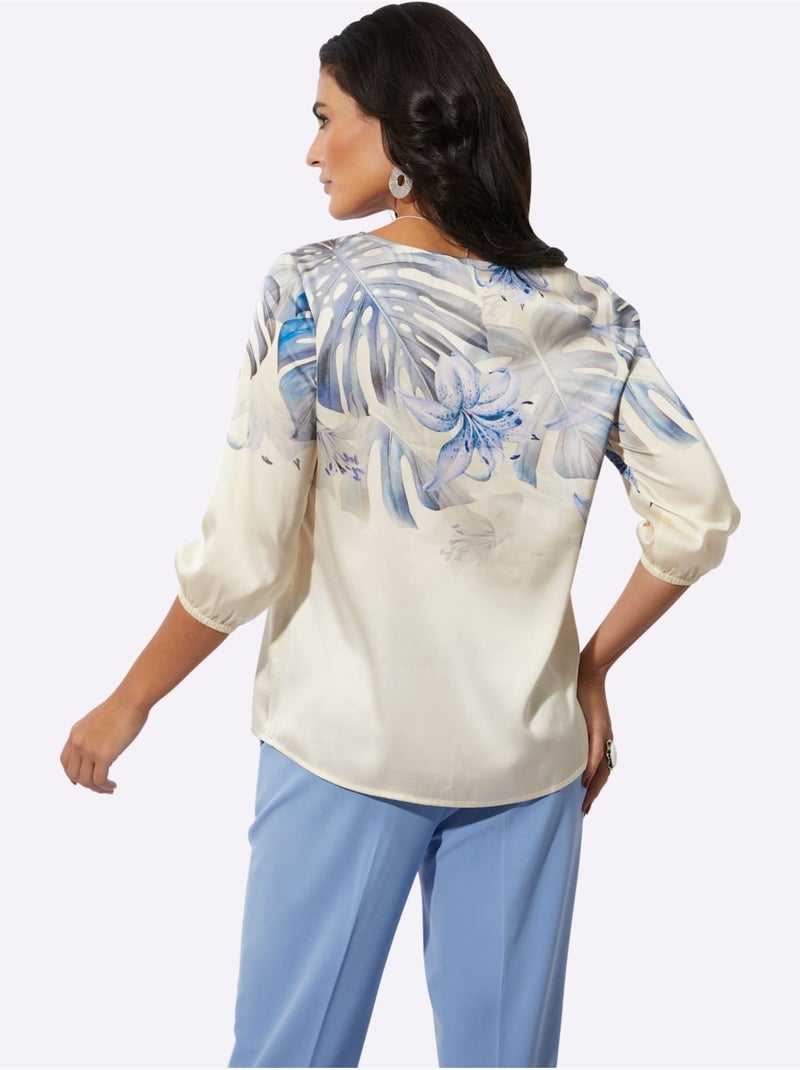 Chemisier satin à col V et manches trois quarts motif floral - Taille standard - Helline Bleu Blanc - Kiabi