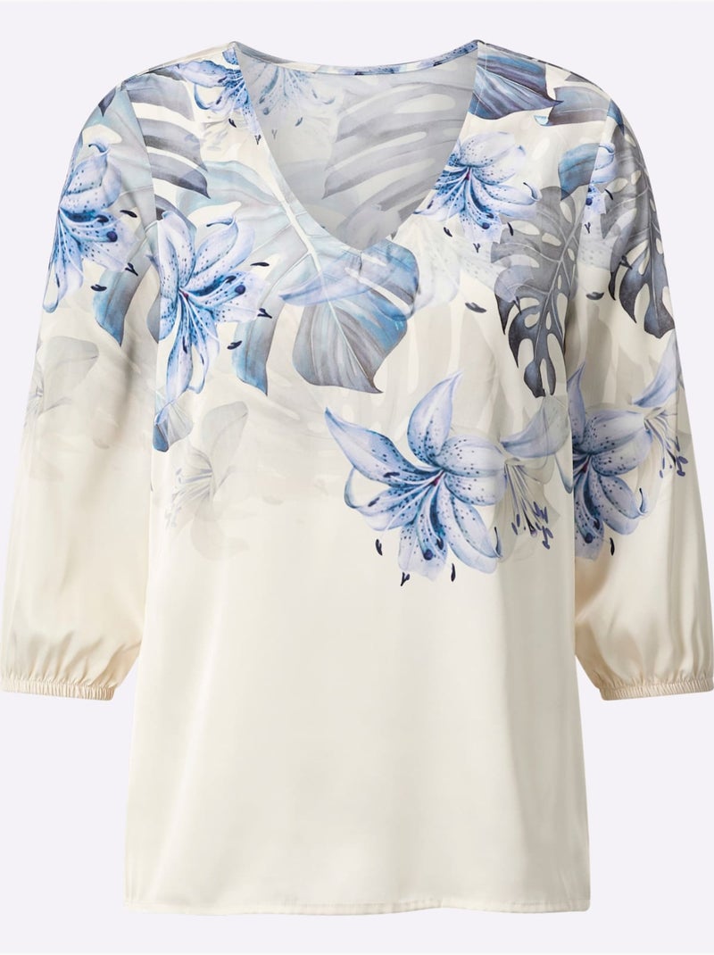 Chemisier satin à col V et manches trois quarts motif floral - Taille standard - Helline Bleu Blanc - Kiabi