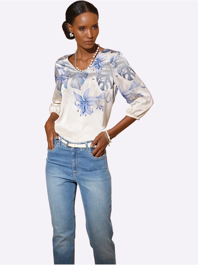 Chemisier satin à col V et manches trois quarts motif floral - Taille standard - Helline Bleu Blanc - Kiabi