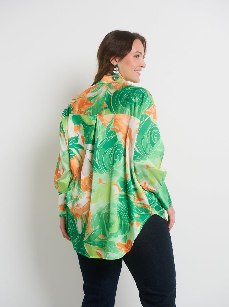 Chemisier satin fleurs manches longues Vert - Kiabi