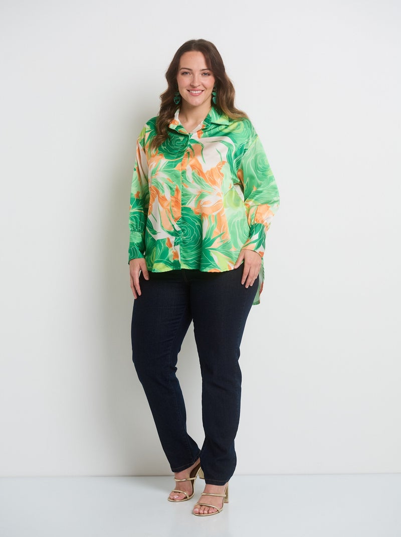 Chemisier satin fleurs manches longues Vert - Kiabi