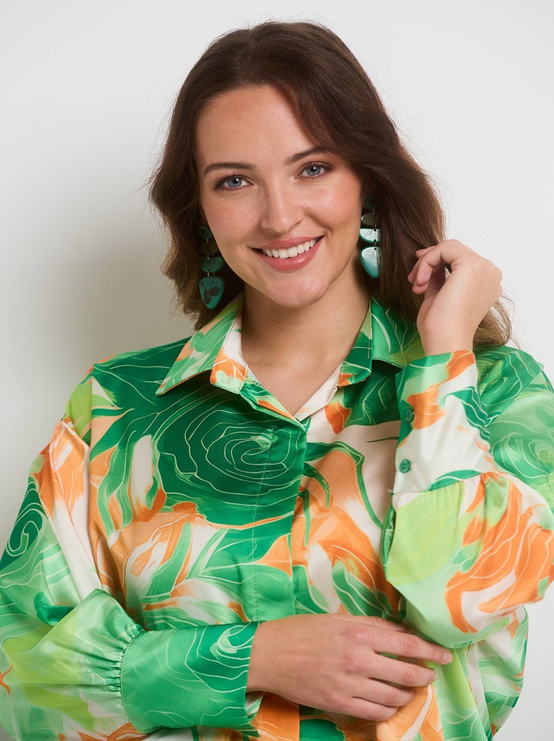 Chemisier satin fleurs manches longues Vert - Kiabi