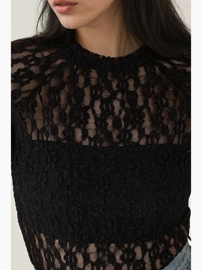 Chemisier slim à col ras du cou en guipure de dentelle hiccup Noir - Kiabi