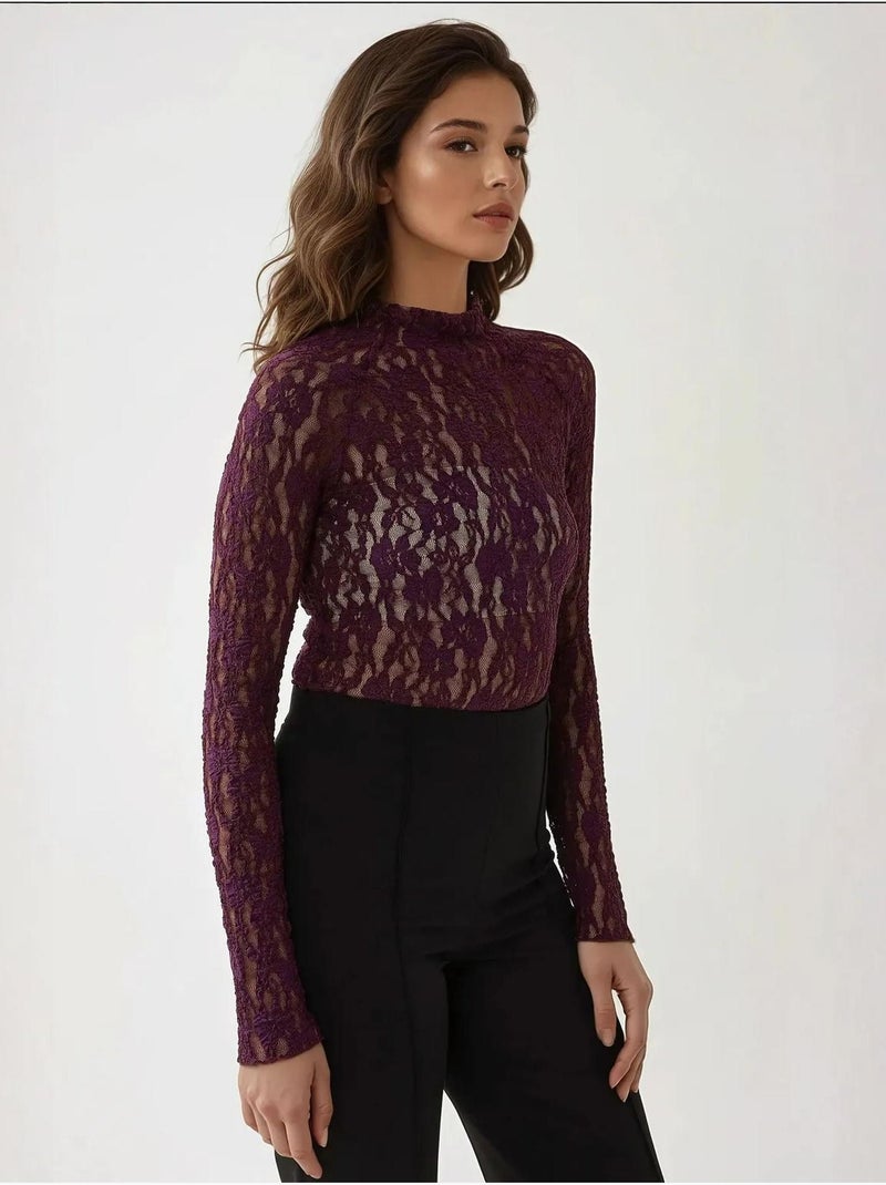 Chemisier slim à col ras du cou en guipure de dentelle Mauve - Kiabi