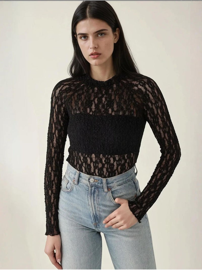 Chemisier slim à col ras du cou en guipure de dentelle Noir - Kiabi