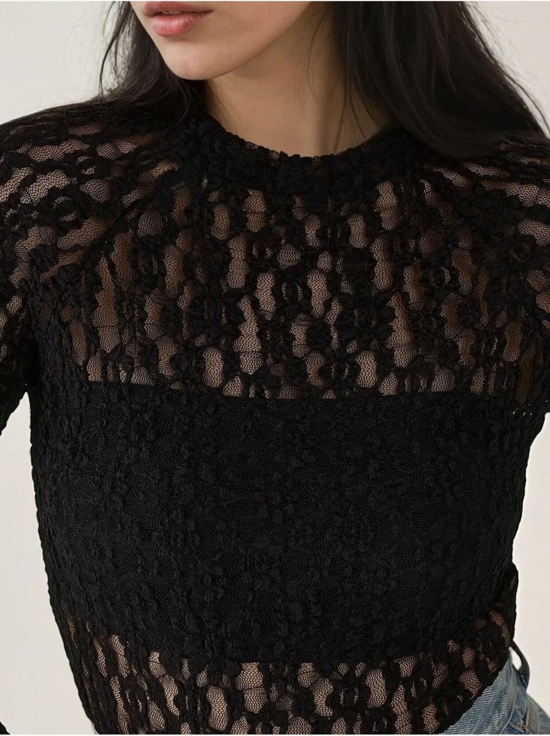 Chemisier slim à col ras du cou en guipure de dentelle Noir - Kiabi