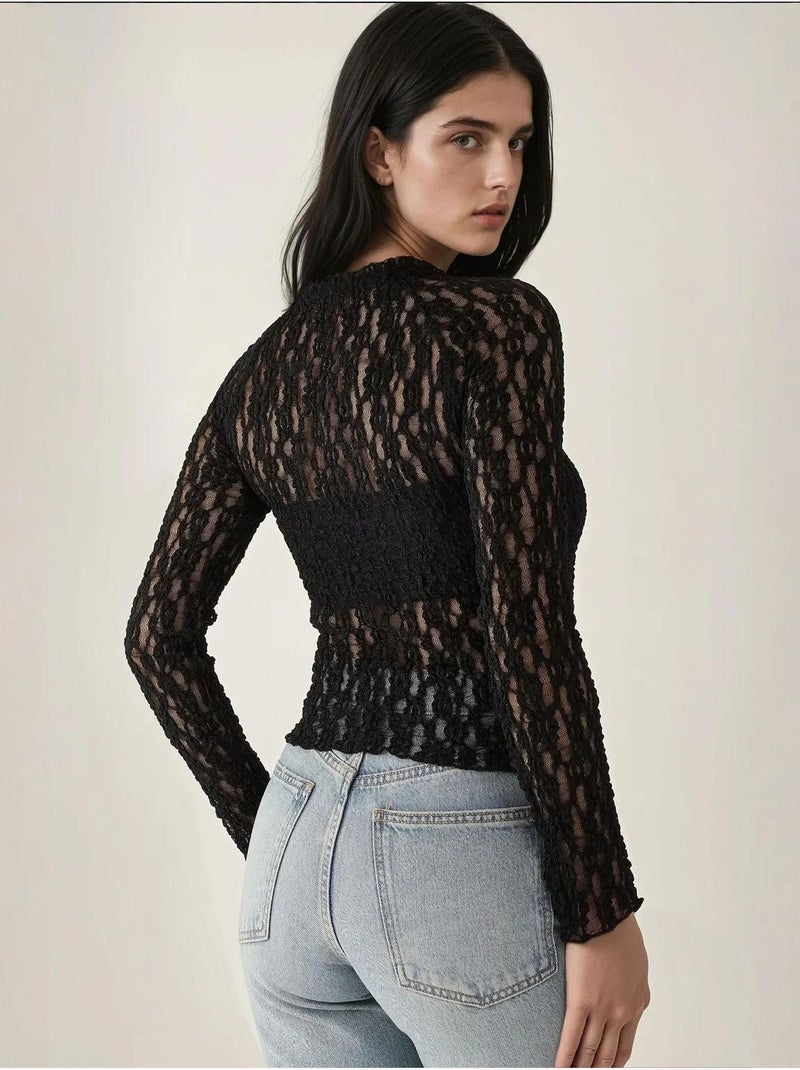 Chemisier slim à col ras du cou en guipure de dentelle Noir - Kiabi