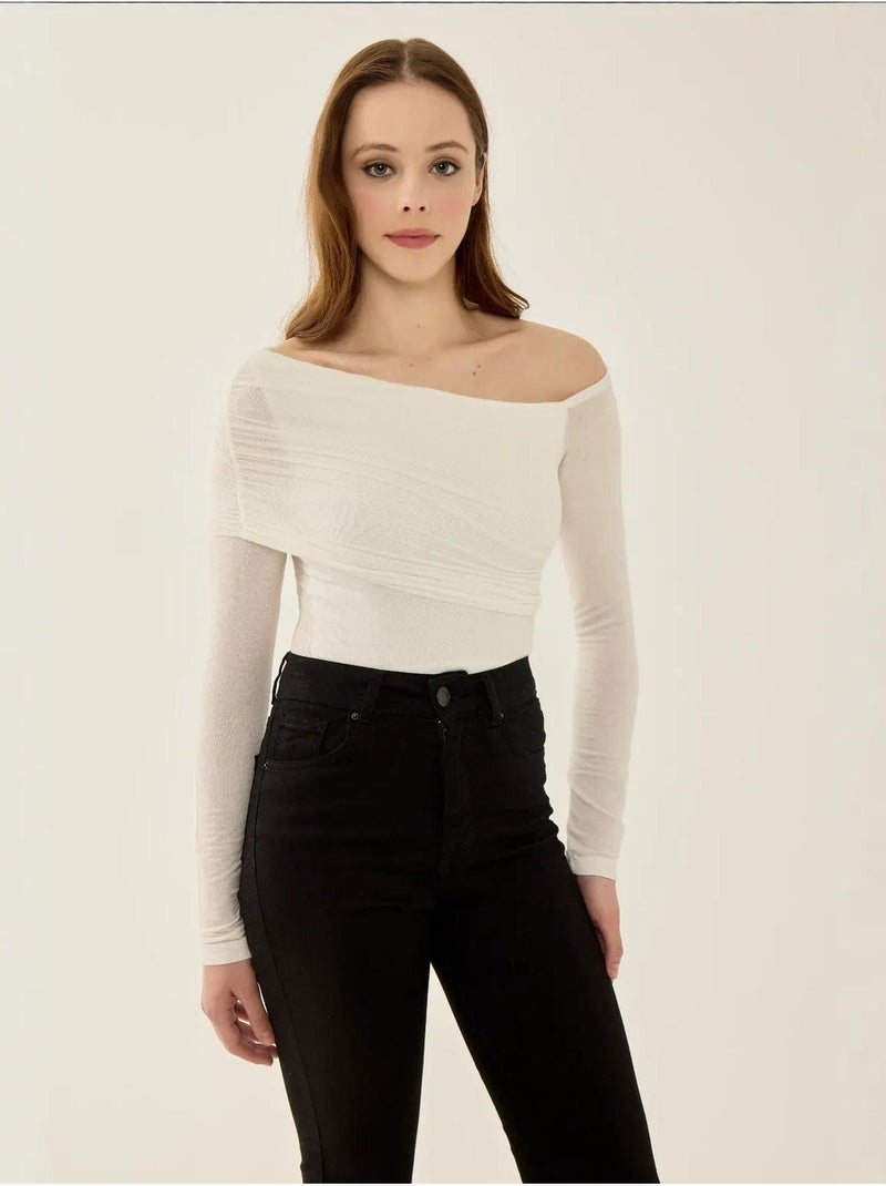 Chemisier slim à manches longues et col asymétrique Blanc - Kiabi