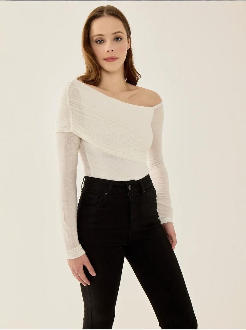 Chemisier slim à manches longues et col asymétrique Blanc - Kiabi