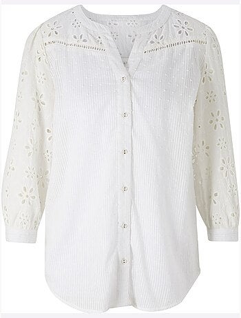 Chemisier en coton à encolure ronde ourlet arrondi et broderie ajourée - Taille standard - Helline
