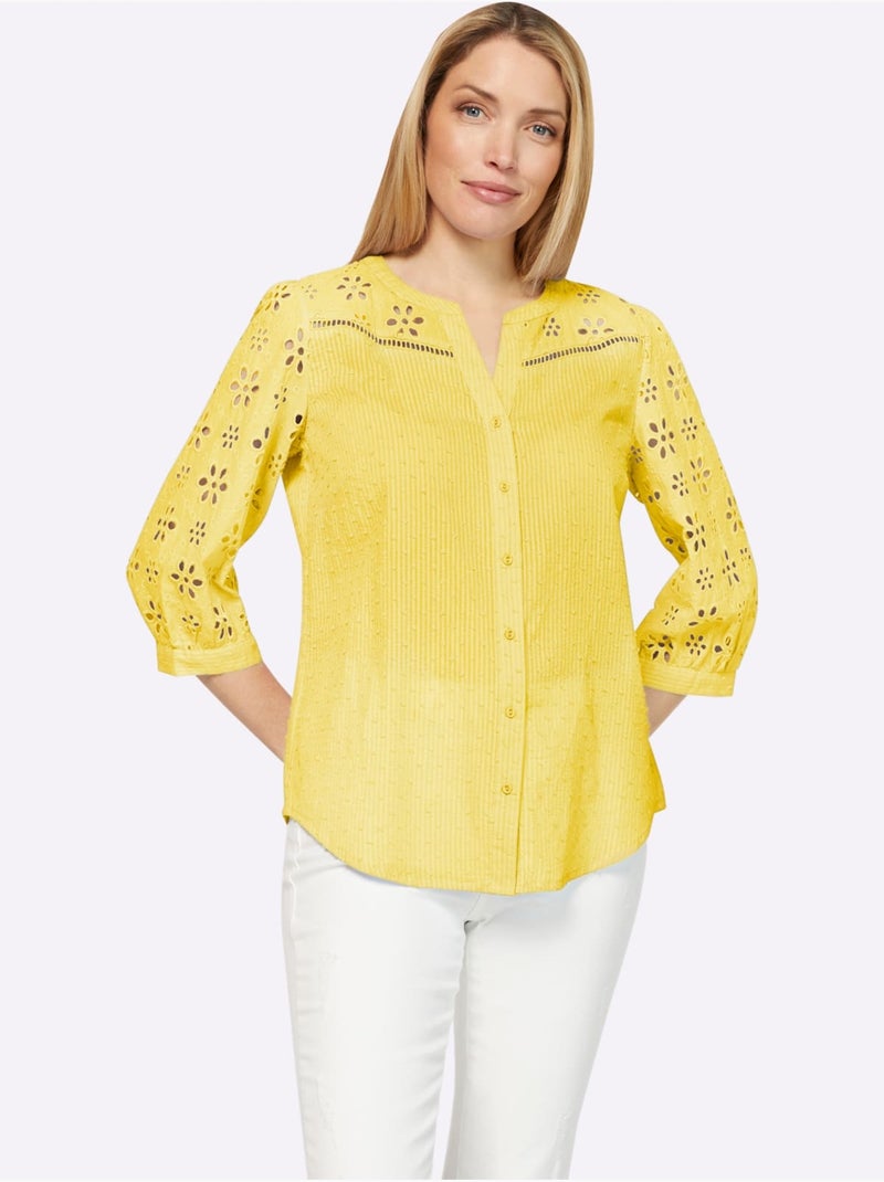 Chemisier structuré col rond et manches trois quarts broderie ajourée - Taille standard - Helline Jaune citron - Kiabi