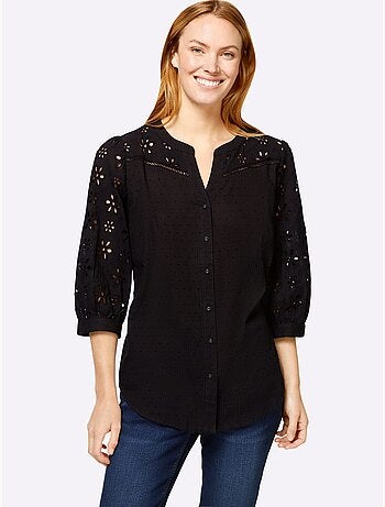 Chemisier en coton à encolure ronde ourlet arrondi et broderie ajourée - Taille standard - Helline