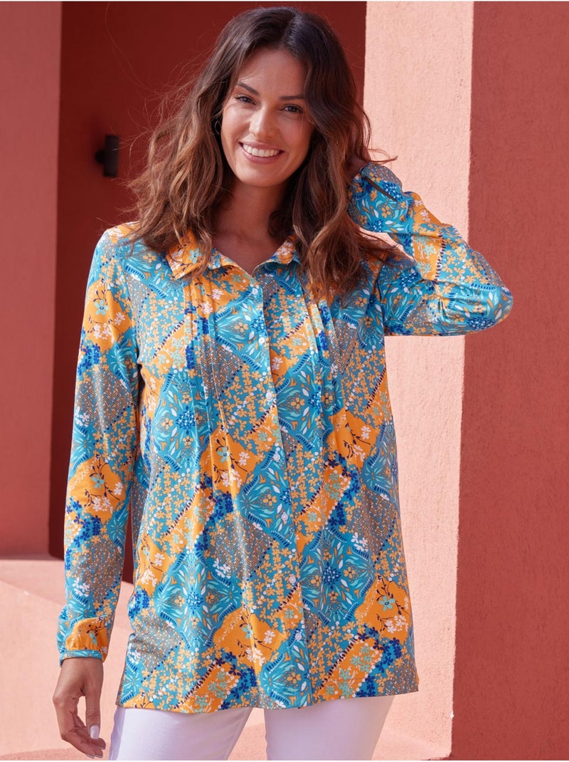 Chemisier tunique en maille - DAXON Corail/Turquoise/Crème - Kiabi