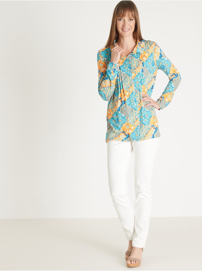 Chemisier tunique en maille - DAXON Corail/Turquoise/Crème - Kiabi