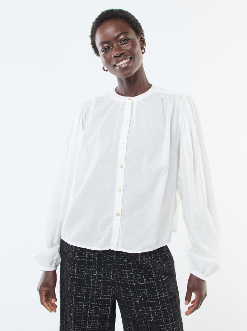 chemisier uni avec manches longues bouffantes Blanc - Kiabi