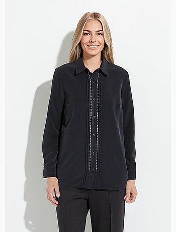 Chemisier uni boutonné long strass col chemise - Afibel