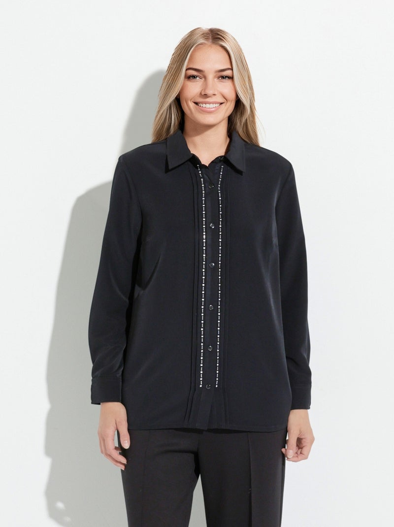 Chemisier uni boutonné long strass col chemise Noir - Kiabi