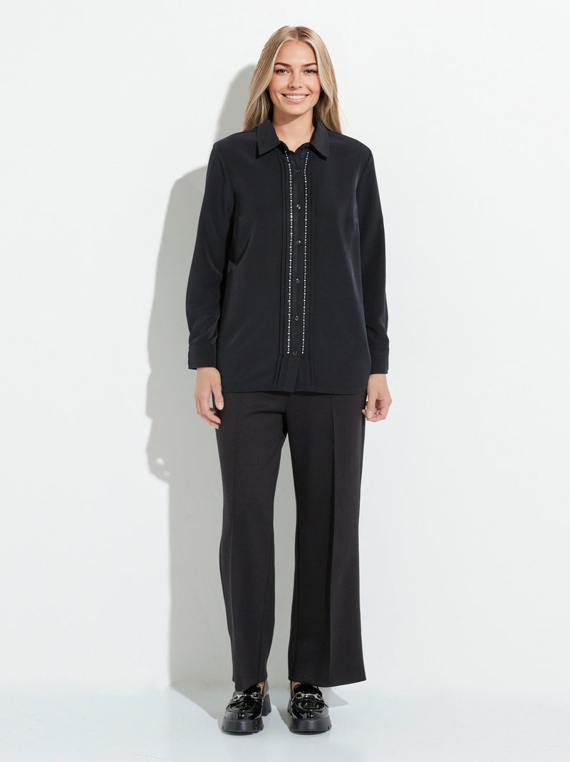 Chemisier uni boutonné long strass col chemise Noir - Kiabi