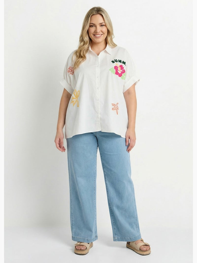 Chemisier uni, broderies thème Summer - AFIBEL Blanc - Kiabi