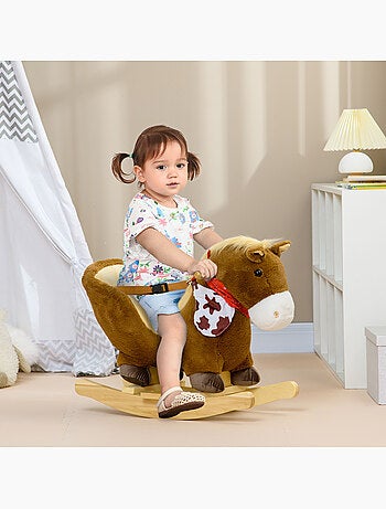 Cheval à bascule cowboy siège ceinture effet sonore bois peluche marron