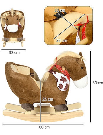 Cheval à bascule cowboy siège ceinture effet sonore bois peluche marron