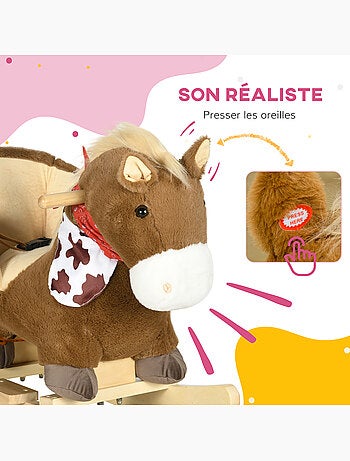 Cheval à bascule cowboy siège ceinture effet sonore bois peluche marron