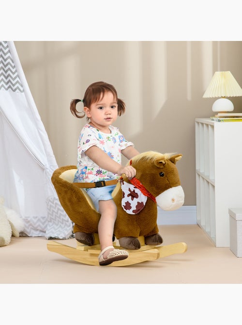Cheval à bascule cowboy siège ceinture effet sonore bois peluche marron - Kiabi