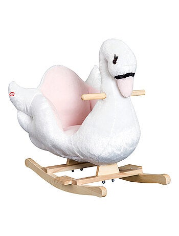Cheval à bascule cygne fonction musicale bois peluche douce blanc rose