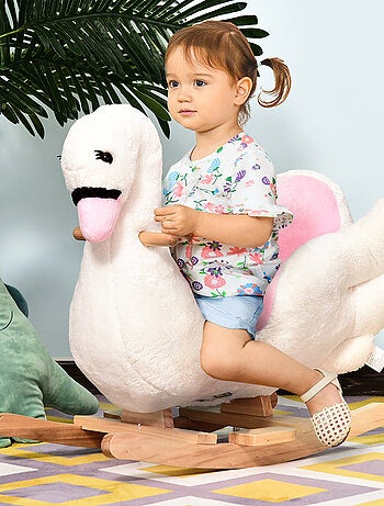 Cheval à bascule cygne fonction musicale bois peluche douce blanc rose
