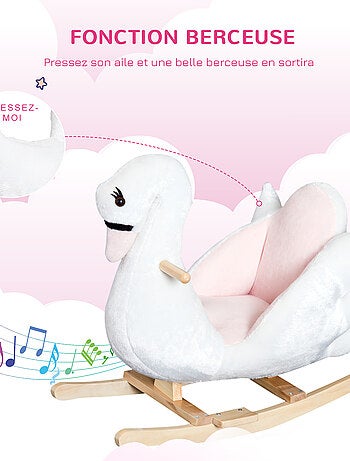 Cheval à bascule cygne fonction musicale bois peluche douce blanc rose