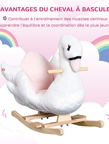 Cheval à bascule cygne fonction musicale bois peluche douce blanc rose