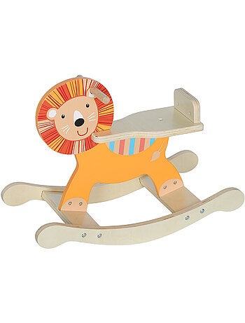Cheval à bascule en bois modèle lion poignées dossier bois orange