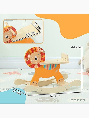 Cheval à bascule en bois modèle lion poignées dossier bois orange