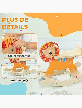 Cheval à bascule en bois modèle lion poignées dossier bois orange