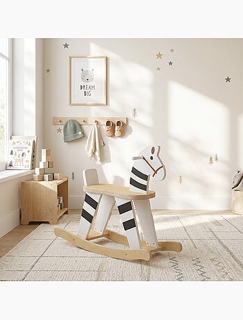 Cheval à bascule en bois poignées petit dossier bois blanc noir