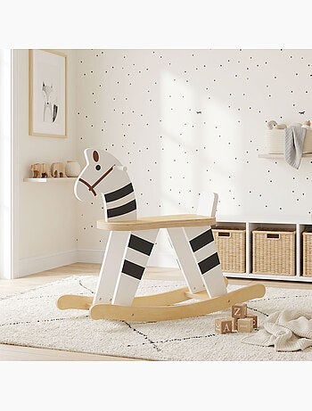 Cheval à bascule en bois poignées petit dossier bois blanc noir