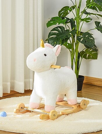 Cheval à bascule licorne porteur 2 en 1 - effet sonore - bois peluche - blanc