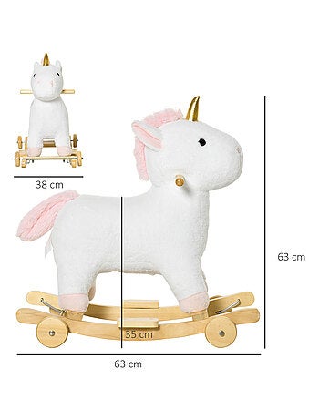 Cheval à bascule licorne porteur 2 en 1 - effet sonore - bois peluche - blanc
