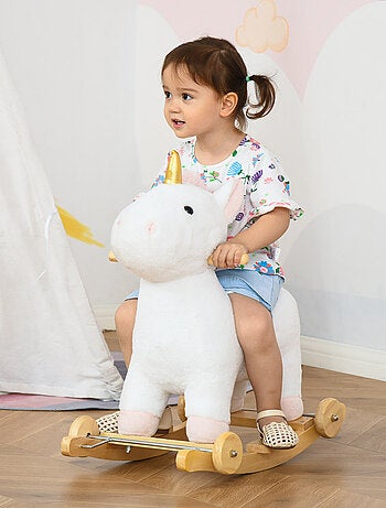 Cheval à bascule licorne porteur 2 en 1 - effet sonore - bois peluche - blanc