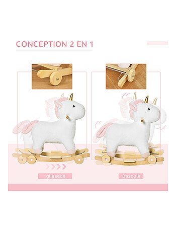 Cheval à bascule licorne porteur 2 en 1 - effet sonore - bois peluche - blanc