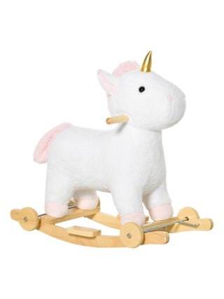 Cheval à bascule licorne porteur 2 en 1 - effet sonore - bois peluche - blanc