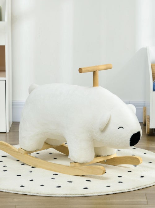 Cheval à bascule ours polaire fonction sonore poignée bois peluche blanc - Kiabi