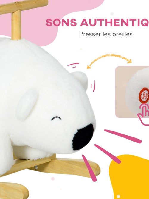 Cheval à bascule ours polaire fonction sonore poignée bois peluche blanc - Kiabi