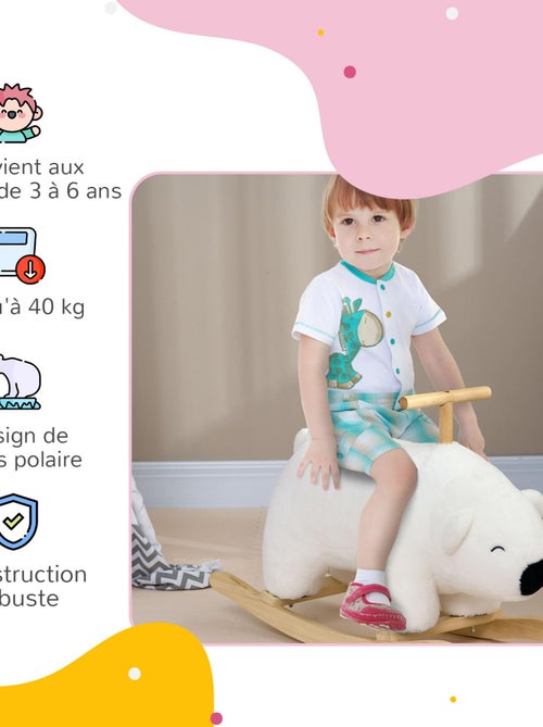 Cheval à bascule ours polaire fonction sonore poignée bois peluche blanc - Kiabi