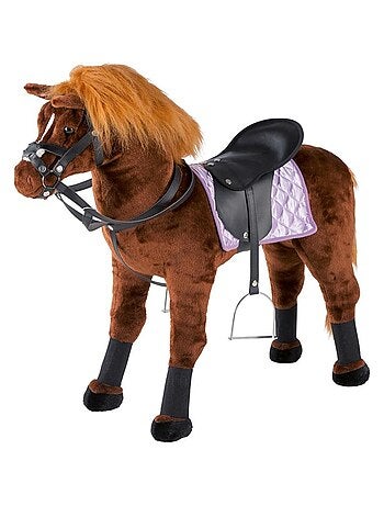 Cheval peluche à monter avec couverture, selle et guêtres