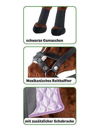 Cheval peluche à monter avec couverture, selle et guêtres