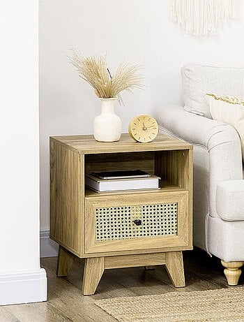 Chevet style bohème - tiroir, niche - aspect bois manguier rotin